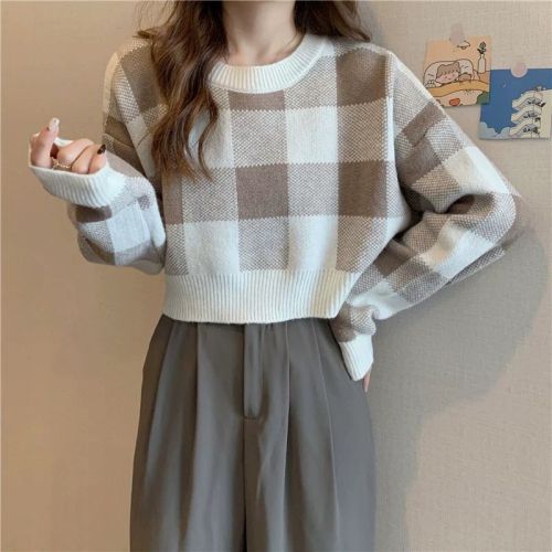 Checkerboard short knitted sweater women's  autumn and winter new Korean version loose all-match long-sleeved lazy wind soft waxy top