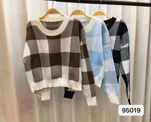 Checkerboard short knitted sweater women's  autumn and winter new Korean version loose all-match long-sleeved lazy wind soft waxy top