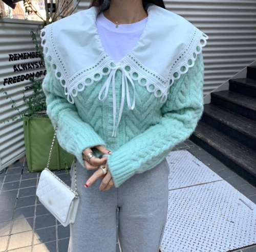 South Korea's Dongdaemun 2022 autumn new fashionable high-end doll collar short buttoned long-sleeved sweater women's tide