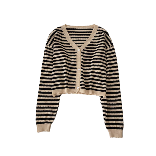  early autumn Korean version retro wild loose V-neck striped single-breasted long-sleeved short knitted cardigan top