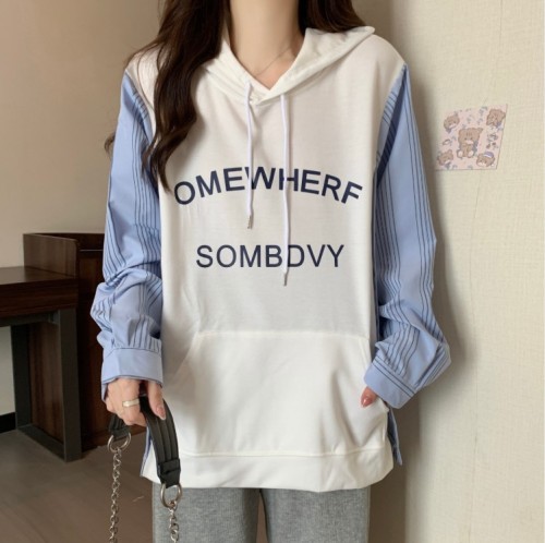 Real shot fake two-piece sweater women's hooded top all-match pullover top Korean version loose college style