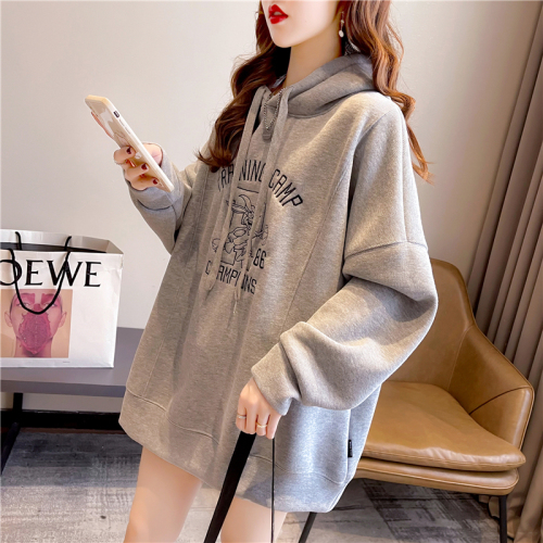 Real shot 2022 autumn Korean version loose hooded embroidery mid-length plus size women's thin sweater women