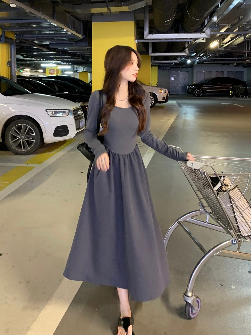 High ji sense gray dress feminine square collar exposed collarbone slim fit and chic long skirt