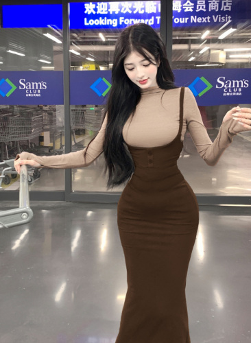 Real price coral sea strap fishtail skirt long-sleeved bottoming shirt top two-piece set