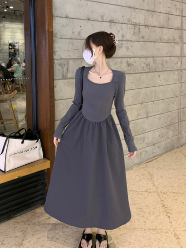 High ji sense gray dress feminine square collar exposed collarbone slim fit and chic long skirt