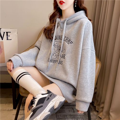 Real shot 2022 autumn Korean version loose hooded embroidery mid-length plus size women's thin sweater women