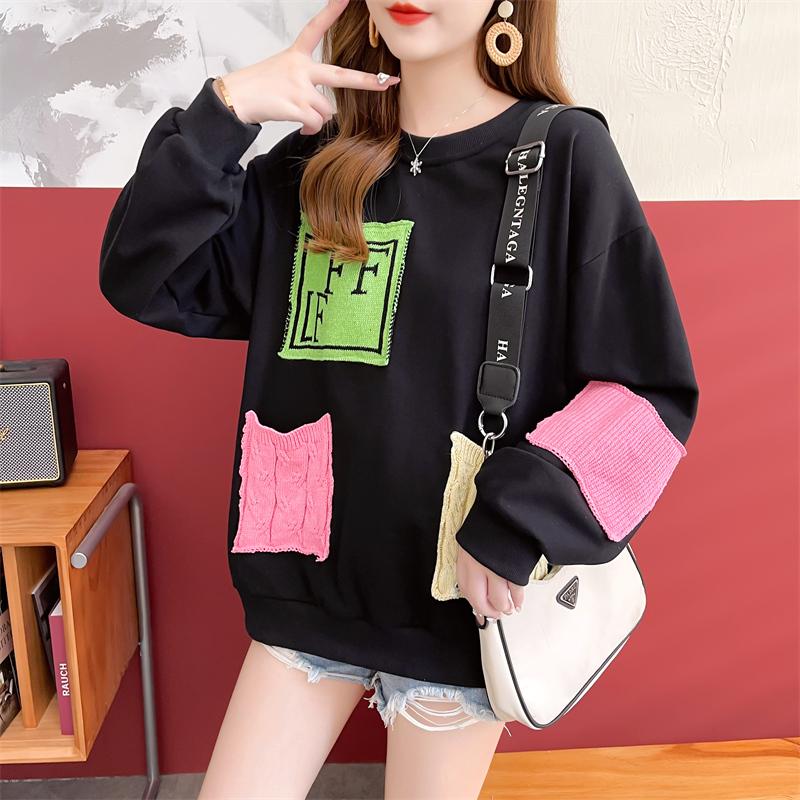 Real shot cotton plus size women's spring and autumn thin long-sleeved sweater women's Korean version loose stitching design top net red