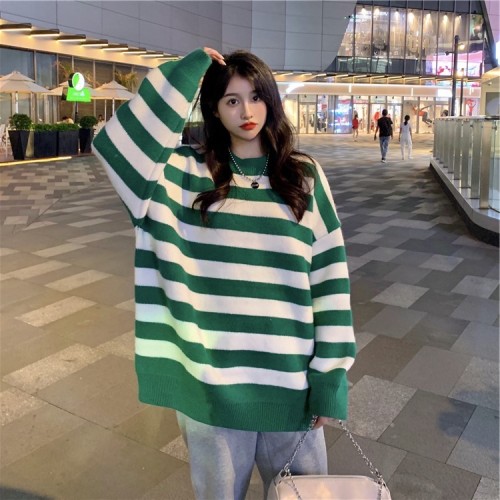 Striped sweater women's 2022 autumn and winter new Korean version loose and lazy wind plus size round neck pullover knitted bottoming shirt