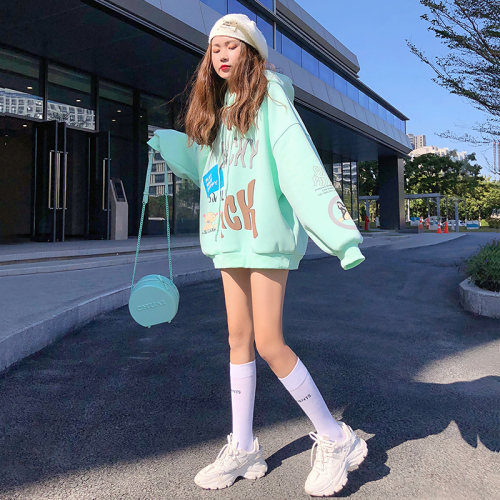 6535 cotton cream mint green cartoon mid-length hooded sweater women's  spring new loose