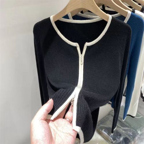 College style knitted cardigan long-sleeved T-shirt early autumn women's 2021 new threaded zipper slim bottoming shirt top