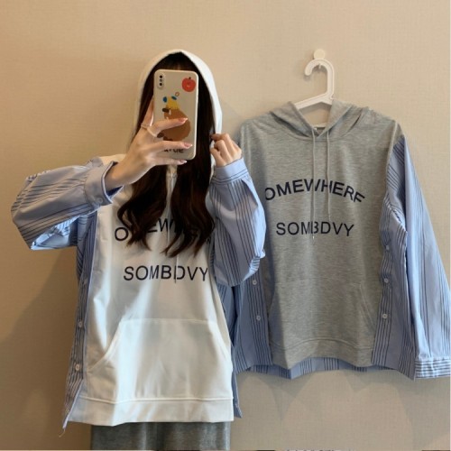 Real shot fake two-piece sweater women's hooded top all-match pullover top Korean version loose college style