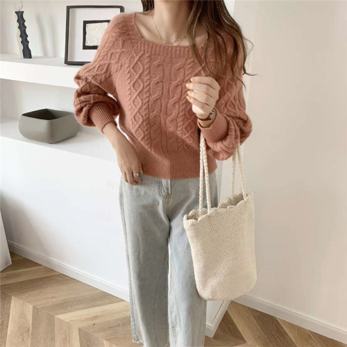 Square neck sweater women's Retro thickened Mahua autumn and winter new Korean version loose outer wear close waist thin sweater backing