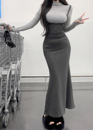 Real price coral sea strap fishtail skirt long-sleeved bottoming shirt top two-piece set