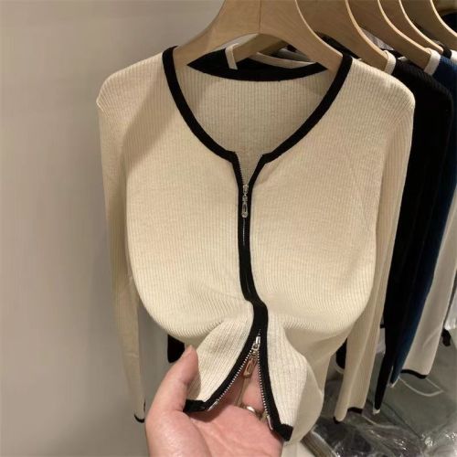 College style knitted cardigan long-sleeved T-shirt early autumn women's 2021 new threaded zipper slim bottoming shirt top