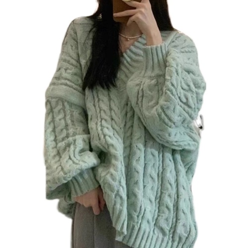 Twist green sweater women's autumn and winter v-neck lazy style loose design small Japanese retro mid-length