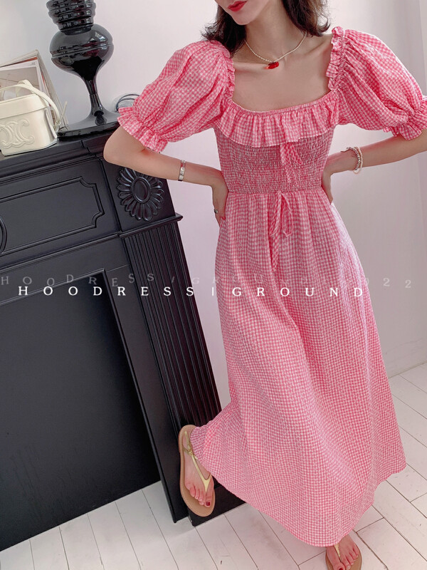 Original price 130.72! 【HOUSE OF FIRE】Small flower waist bandage plaid dress 22148# OZQ