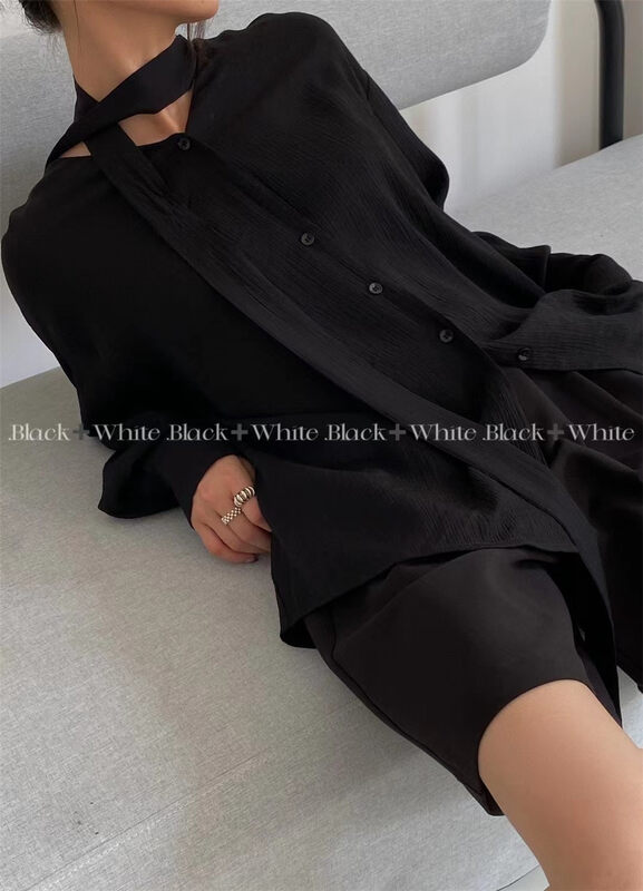 New in early autumn! [BLACK+WHITE] Simple and loose solid color all-match small shirt (with belt) 2W12164U# HYY