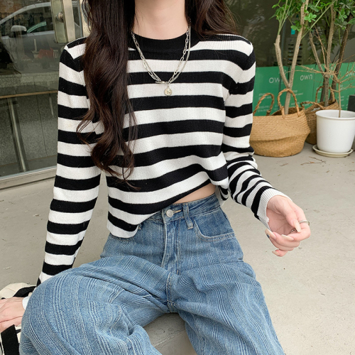 Real shot striped knitted bottoming shirt long-sleeved T-shirt women's thin spring early autumn and winter tops short high collar