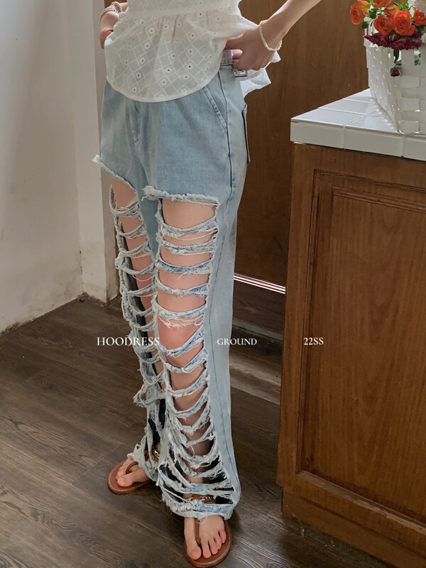 [Fire HOODRESS] Personalized custom hand-scratched ripped wide-leg jeans J21217# JHY
