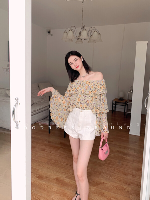 [Fire HOODRESS] Layers of lotus leaf floral one-shoulder thin shirt 22206# JHY