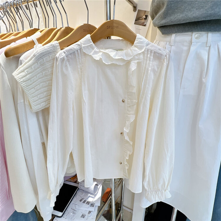 Autumn is new! [SELNENE] round neck fungus edge single breasted shirt 3702# XYJ