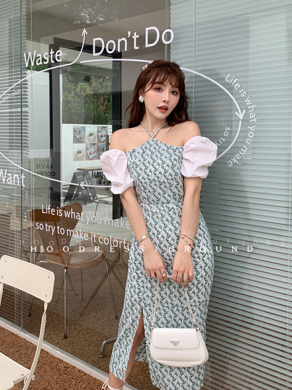 【HOUSE OF FIRE】Nice design halter neck floral stitching dress 22109# JHY