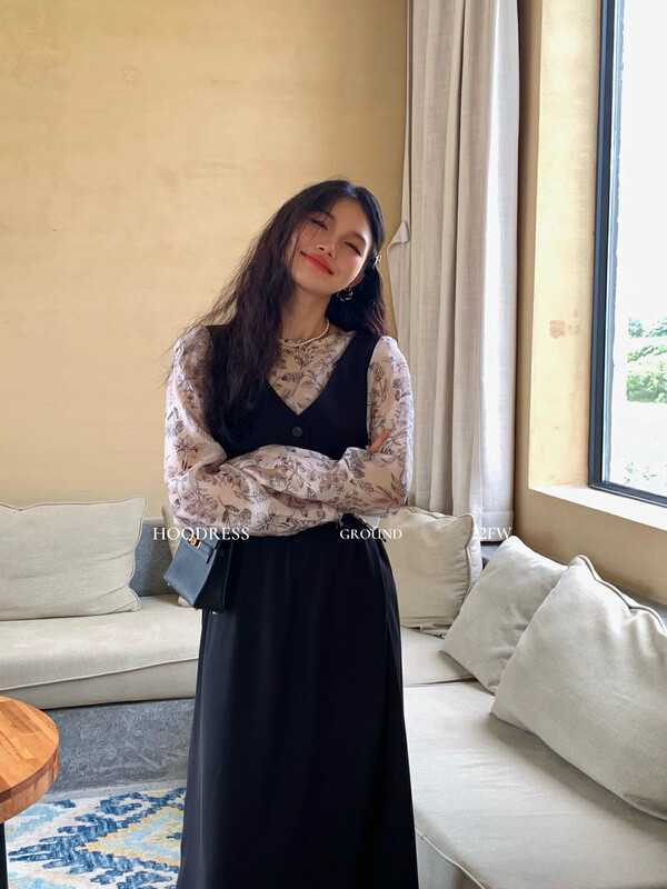 New in early autumn! [Fire HOODRESS] Korean loose organza printed round neck shirt 22292# JHY