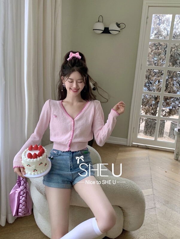 [SHE U] Korean colorblock v-neck peach knitted cardigan 81030