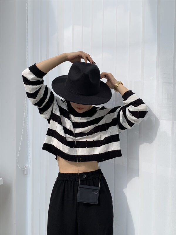 New in autumn!【BLACK+WHITE】Striped Loose Hollow Knit Sweater 05298# XYJ
