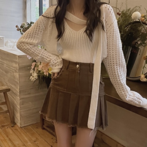 Real shot real price Camisole design short hollow knitted sweater sexy hot girl two-piece suit