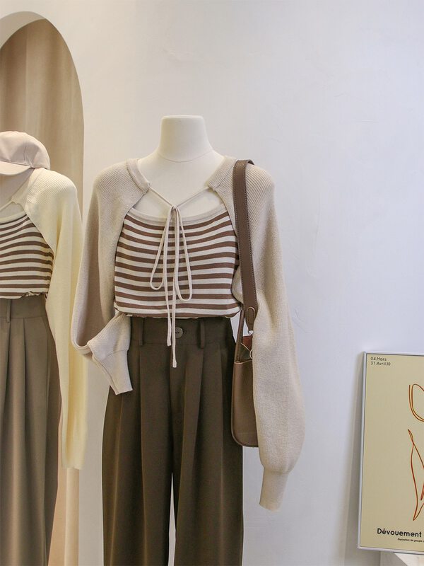 New in early autumn! [O.LUCKY] Striped slim camisole + strappy knitted cardigan suit 6002# HBX