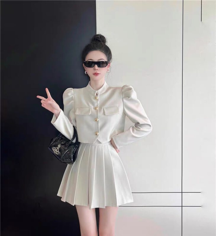 Autumn is new! [SEE YOU] Temperament niche lantern sleeve single-breasted short jacket + high waist pleated half-length suit 2310# PCZ