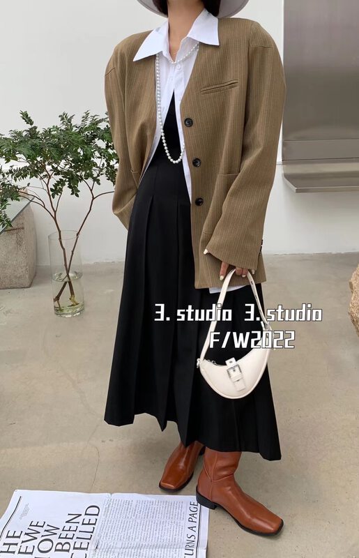 New in autumn! [3.STUDIO] Korean version of the temperament V-neck striped suit 22503# PCZ