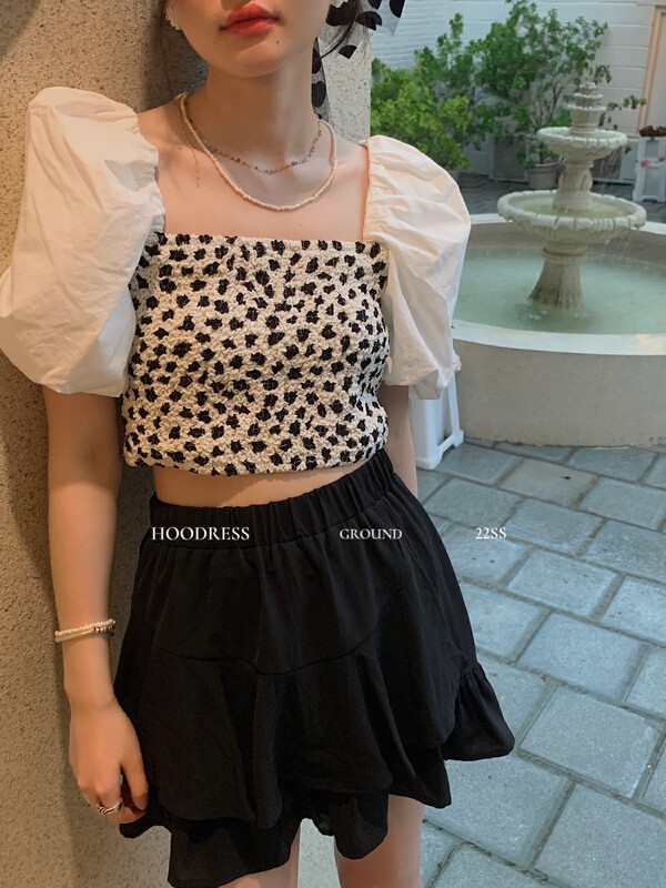 [Fire HOODRESS] Korean version stitching puff sleeves elastic small shirt 22299# JHY