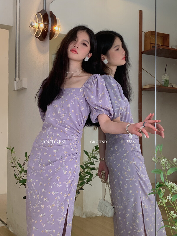 【HOUSE OF FIRE】High-end temperament floral grab pleat slit puff sleeve dress 22163# JHY