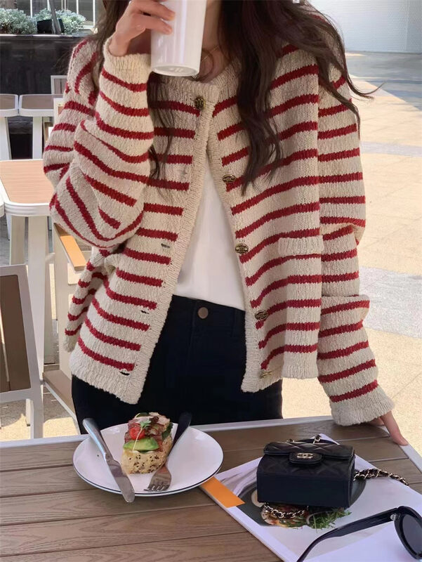 New in autumn! [SELNE] Round neck striped all-match knitted cardigan 2821# XYJ