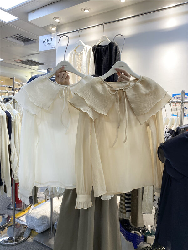 New in early autumn!【O.LUCKY】Large lapel tie solid color small shirt 2067# HBX