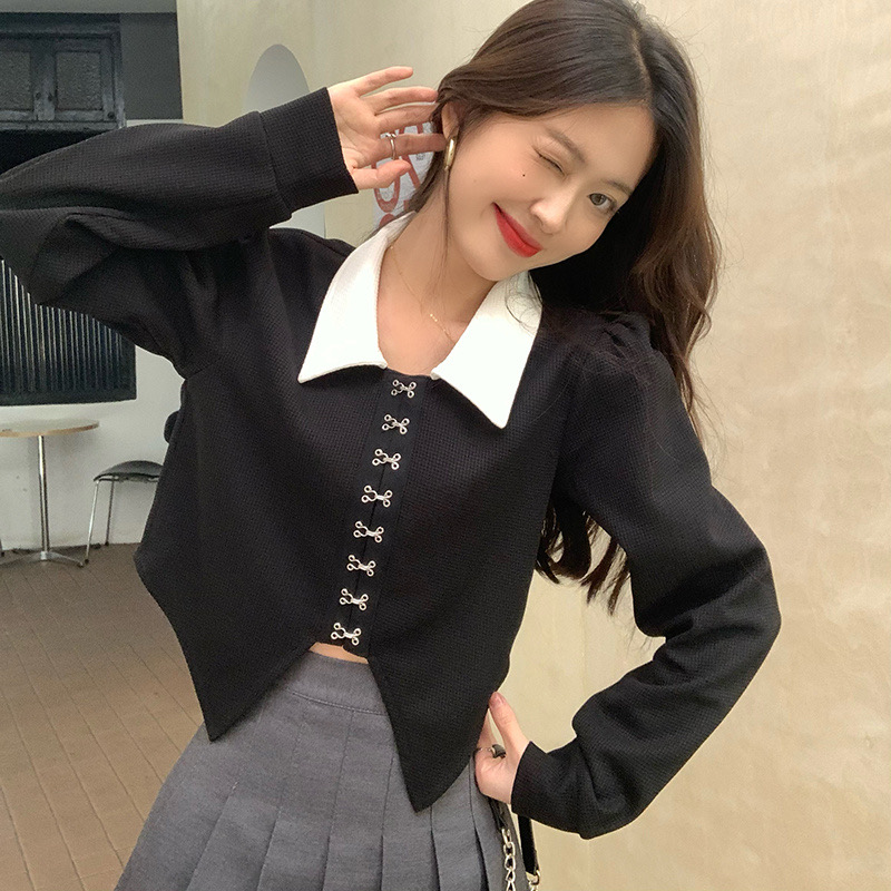 Puff sleeve shirt women's autumn 2022 new design sense contrast color polo collar slim fit and chic long-sleeved top
