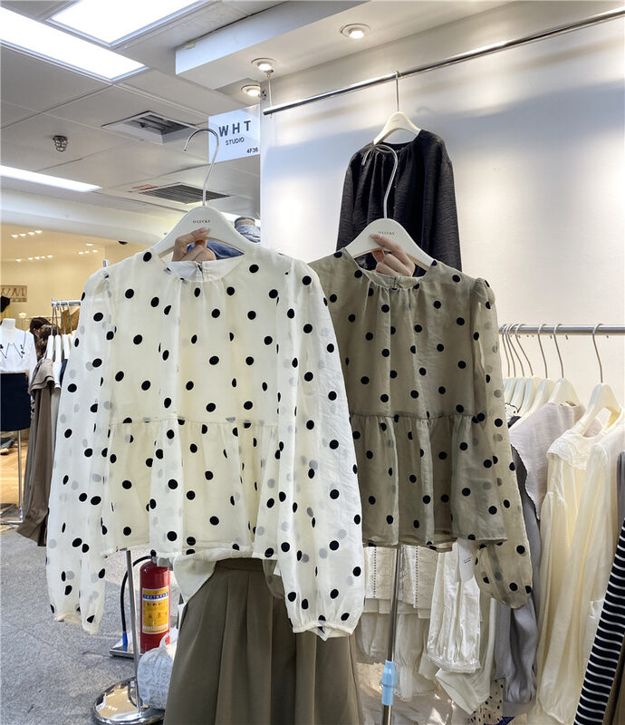 New in early autumn!【O.LUCKY】Small fresh round neck polka dot mesh shirt 2030# HBX