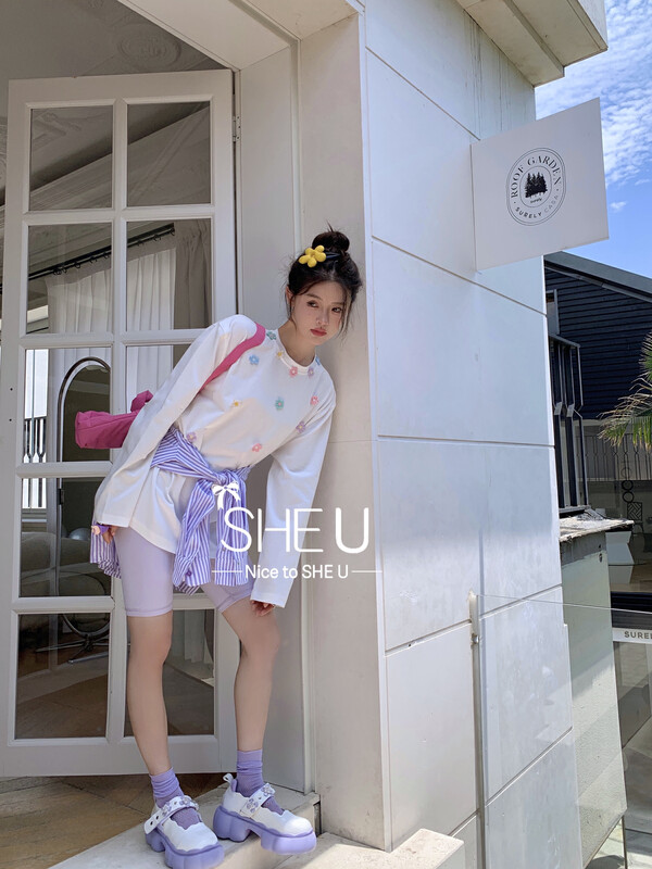 【SHE U】Korean all-match colorful flower long-sleeved T-shirt 81066# JHY