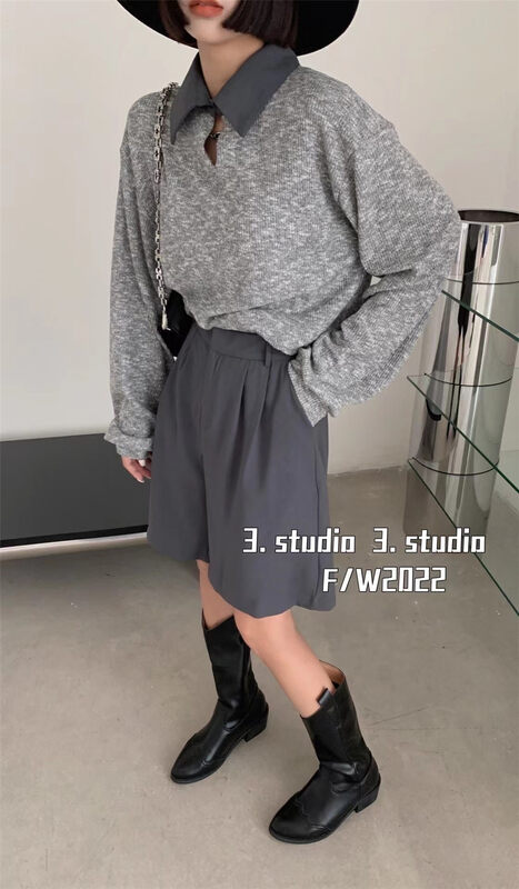 New in autumn! [3.STUDIO] POLO collar long-sleeved top + wide-leg casual shorts suit 22202# PCZ