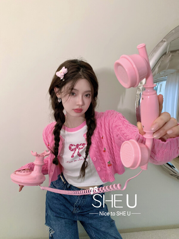 【SHE U】Korean temperament cherry short knitted cardigan 51037# JHY