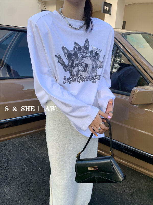 New in early autumn! [S&SHE] round neck all-match printed casual long-sleeved T-shirt MODESA4038A# HYY