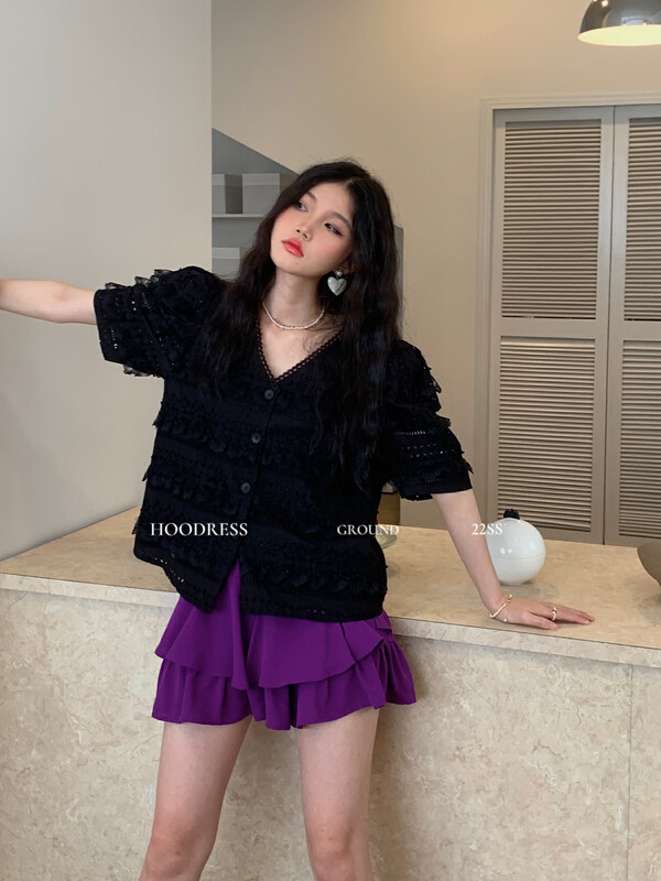 【Fire HOODRESS】Korea Heavy Industry Embroidery Hollow Lace Shirt 22250# JHY