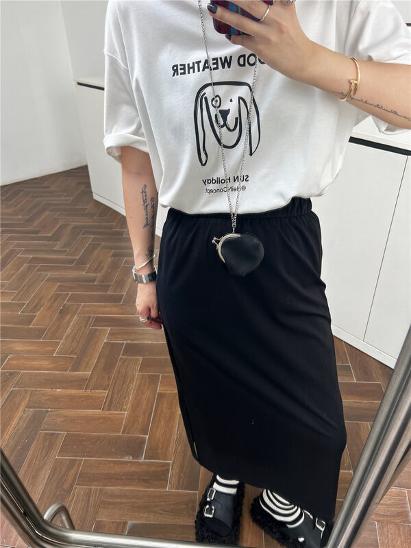 New in autumn! [BLACK+WHITE] letter print loose short-sleeved T-shirt 02242# XYJ