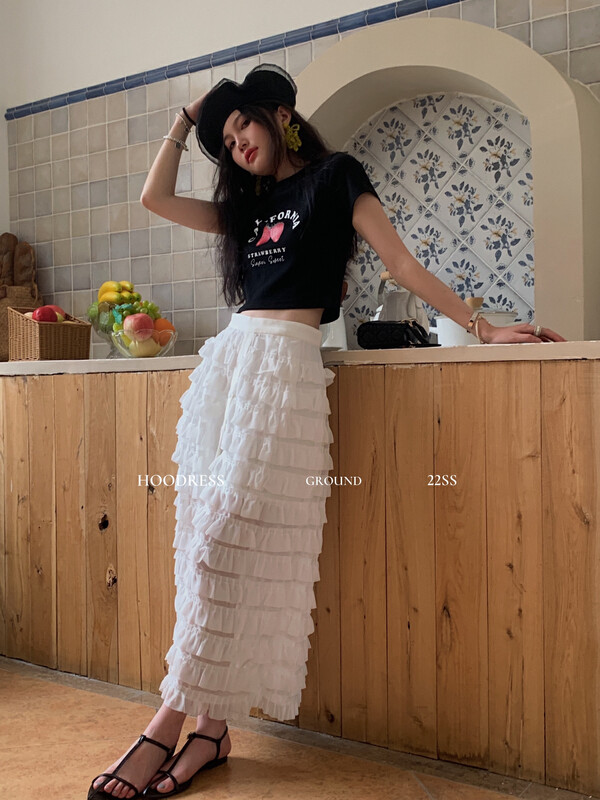 【Fire HOODRESS】Sweet ruffled high-waisted slit cake skirt (sell skirt only) J21005# JHY