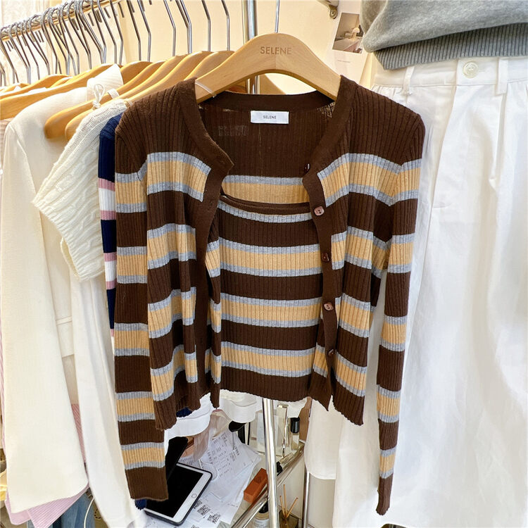Autumn is new! [SELNENE] Striped Camisole + Round Neck Single Breasted Knit Cardigan Suit 3002# XYJ