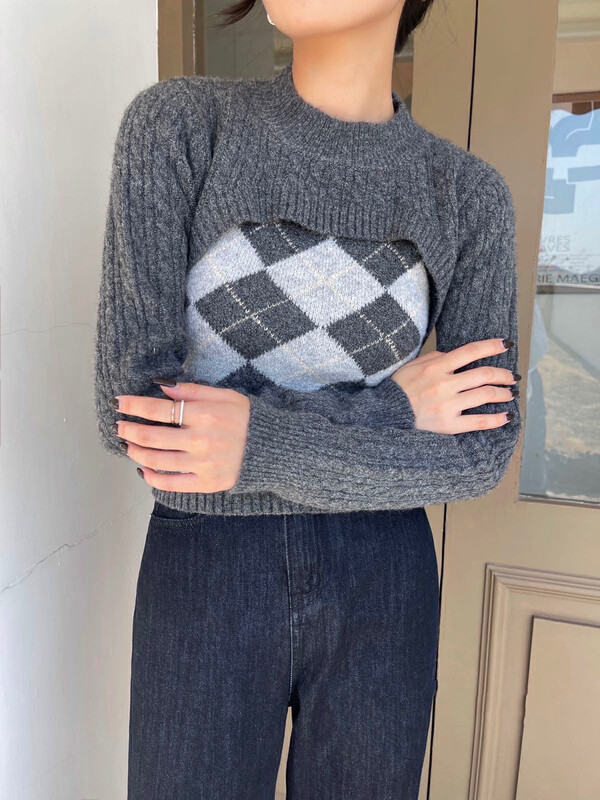 【LMK】Rhombus Knit Vest + Small Vest Set 87208# HJY