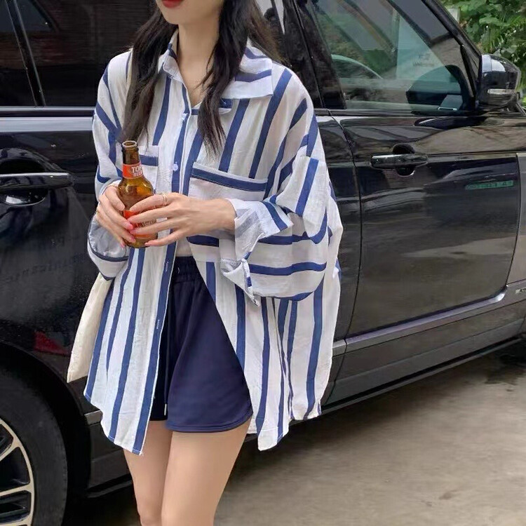[Only Love] Sunscreen Loose Large Blue and White Striped Shirt C652# ZXL