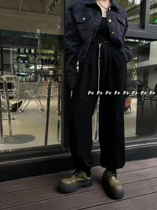 New in autumn! [F] drawstring slim high waist solid color casual pants 1603# HBX